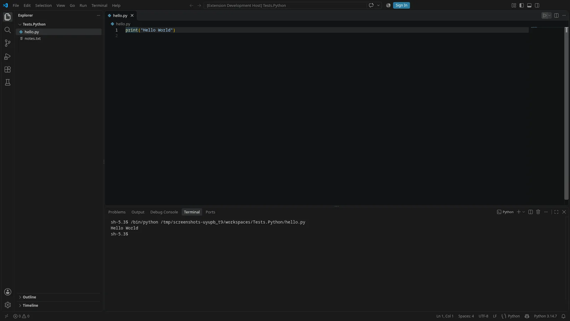 hello.py run by the Python extension