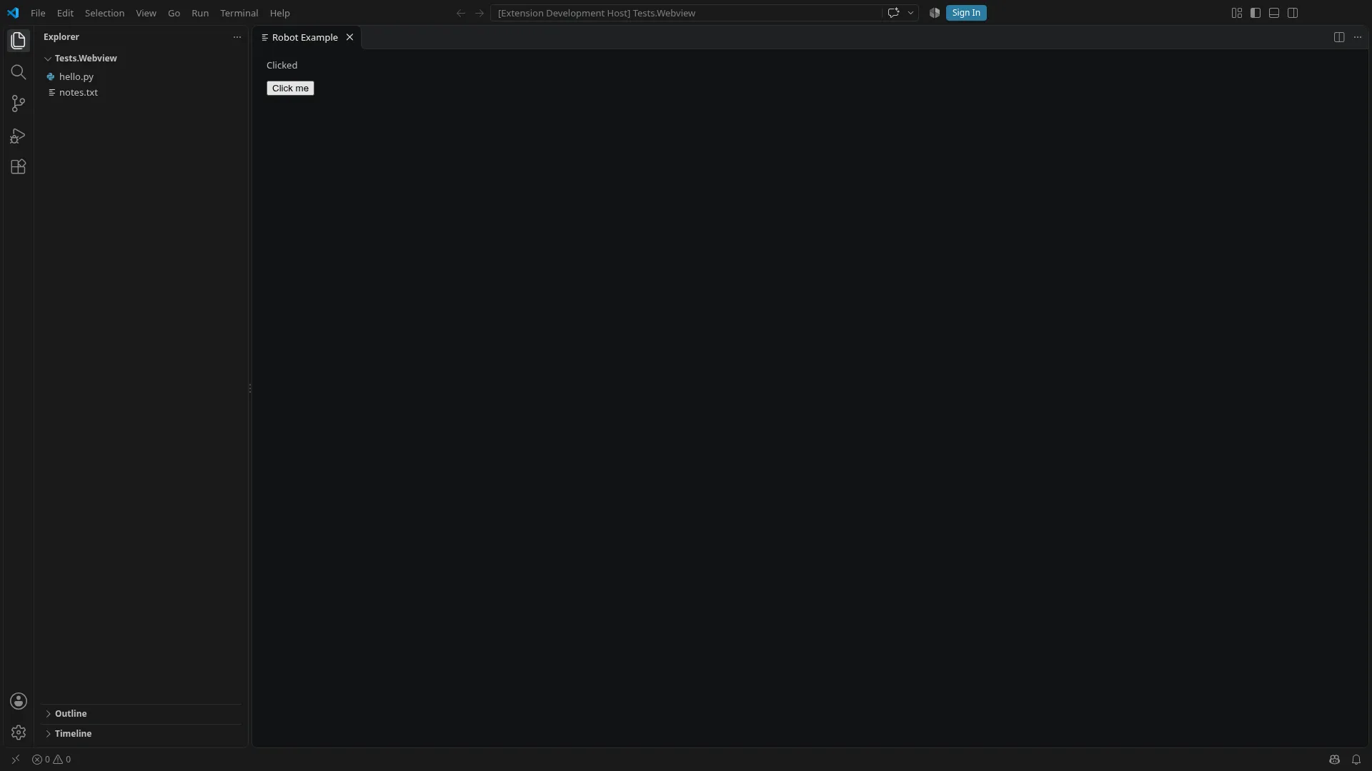 The webview of the example extension after the click